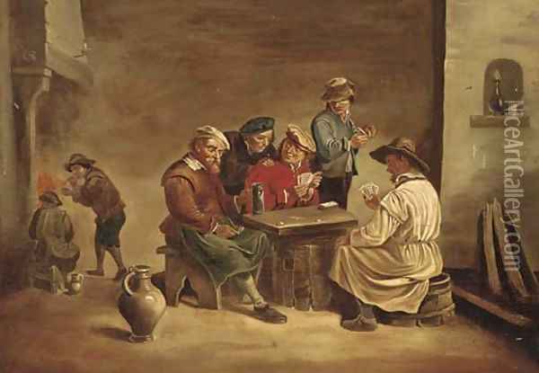 Boors playing cards in a tavern Oil Painting - David The Younger Teniers