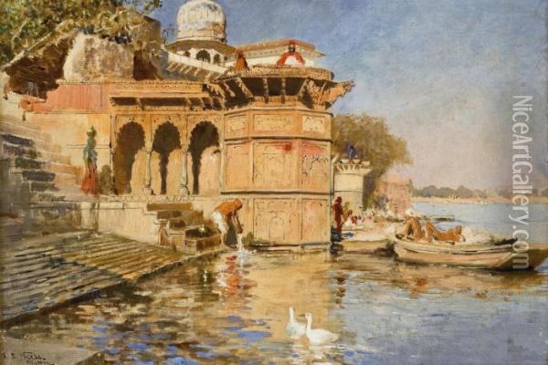 Along The Ghats, Mathura Oil Painting - Edwin Lord Weeks