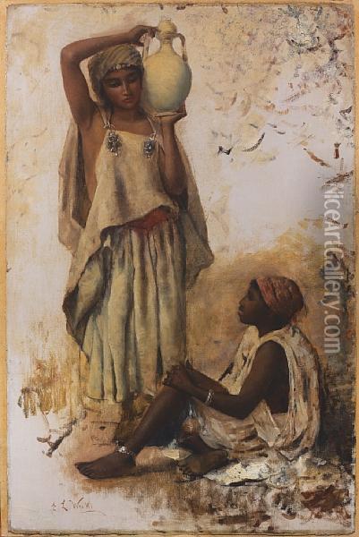 A Moorish Country Woman With A Jar And A Slavegirl Oil Painting - Edwin Lord Weeks