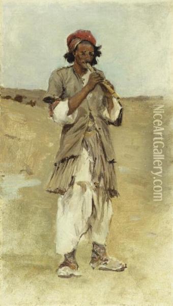 An Indian Shepherd Playing On A Flute Oil Painting - Edwin Lord Weeks