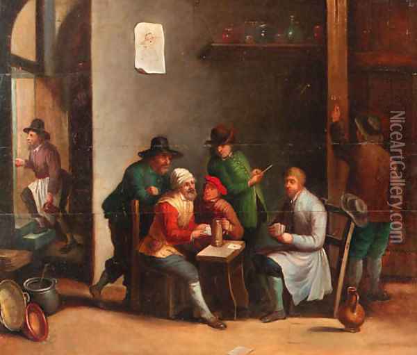 Boors playing at cards in an inn Oil Painting - David The Younger Teniers