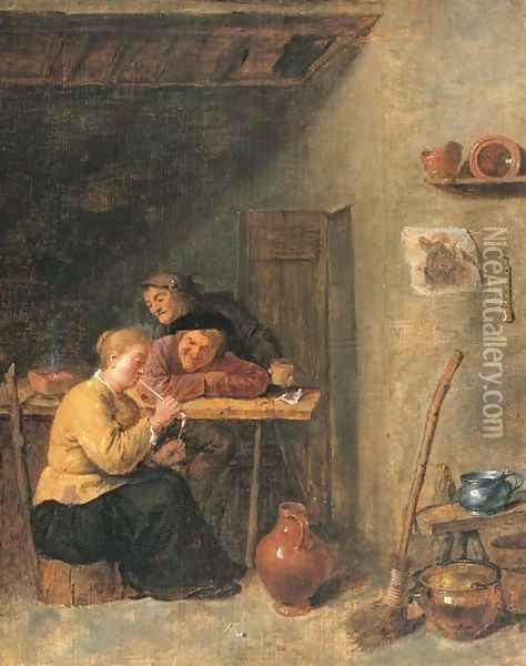 Peasants and a serving maid in a tavern Oil Painting - David The Younger Teniers