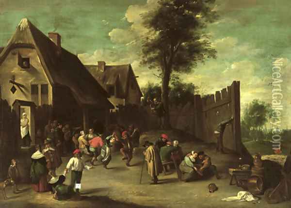 Peasants feasting and dancing outside an inn Oil Painting - David The Younger Teniers