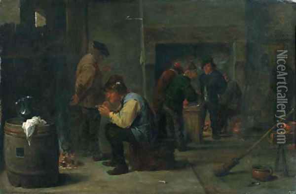 Peasants smoking others standing by a fireplace beyond, in an inn Oil Painting - David The Younger Teniers