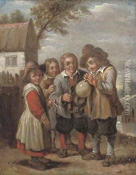 Children blowing a bladder Oil Painting - David The Younger Teniers