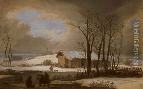 Paysage d'hiver avec deux groupes de personnages et une grange pres d'un etang, 1845 Oil Painting - Wolfgang-Adam Toepffer