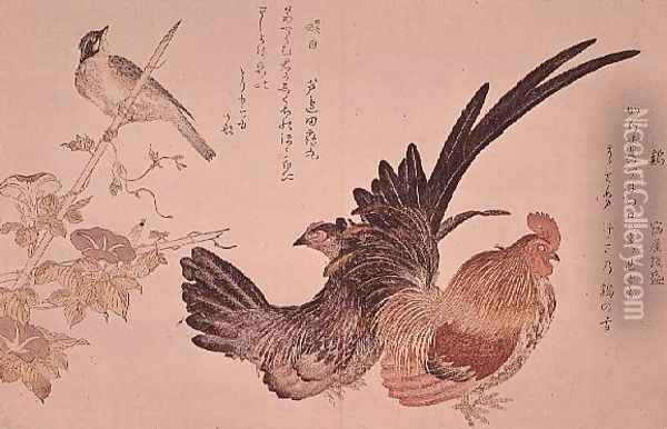 A domestic hen and cock and Japanese bunting on a bamboo shoot, c.1791 Oil Painting - Kitagawa Utamaro