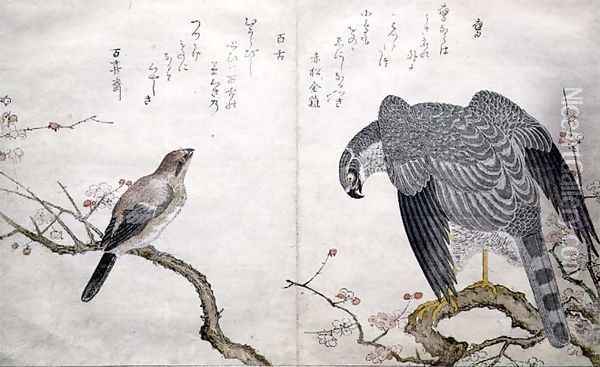 Falcon on the right, a Bull-headed Shrike on the left, from an album Birds compared in Humorous Songs, 1791 Oil Painting - Kitagawa Utamaro