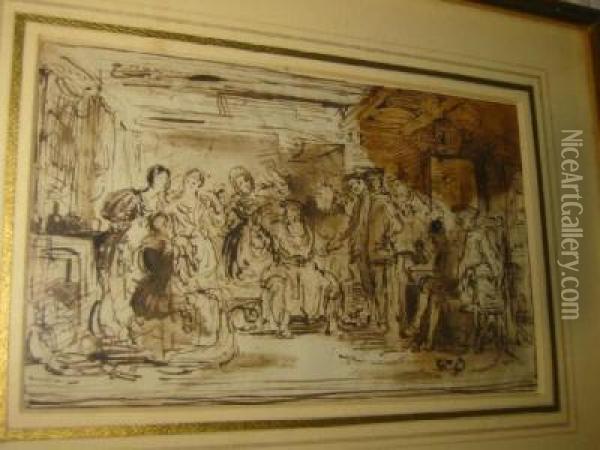 Interior With Figures, Pen Sketch Oil Painting - Sir David Wilkie