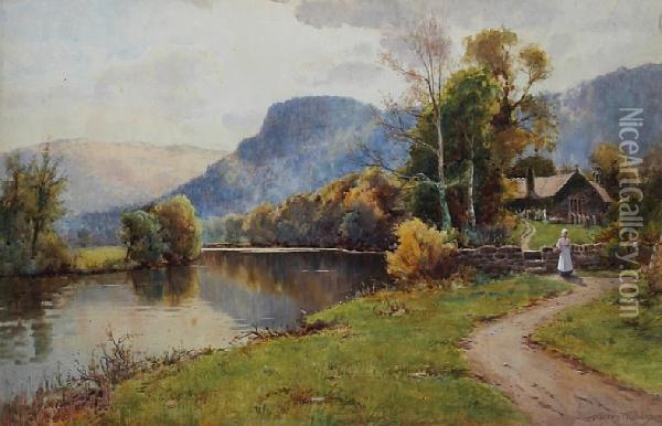 Conway Valley - Wooded River Landscape Withyoung Maiden Before A Church Oil Painting - Warren Williams