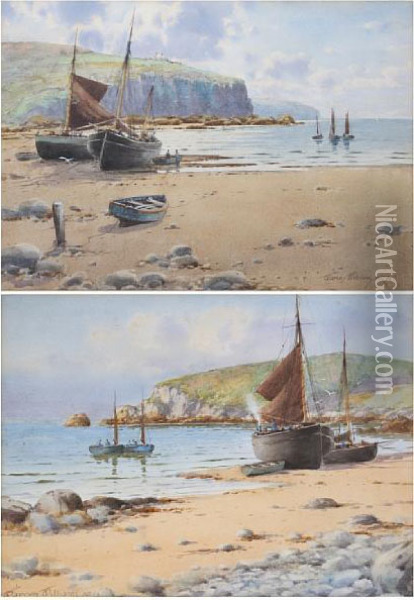 Shore Scene With Beached Fishing Boats, Andanother Similar Oil Painting - Warren Williams