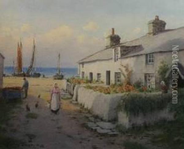 Coastal Scene With Cottages Oil Painting - Warren Williams
