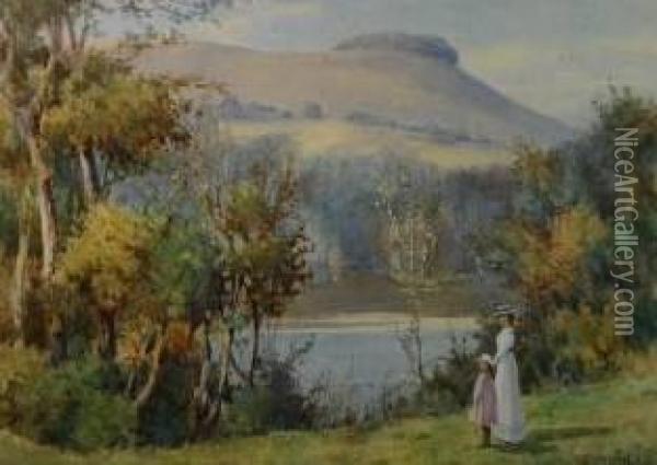 Rural Landscape With Mother And Child Standing By A River Oil Painting - Warren Williams