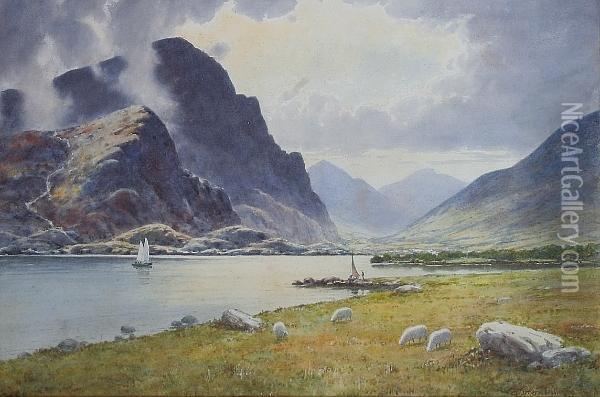 Lwellyn Lake, Snowdon Oil Painting - Warren Williams