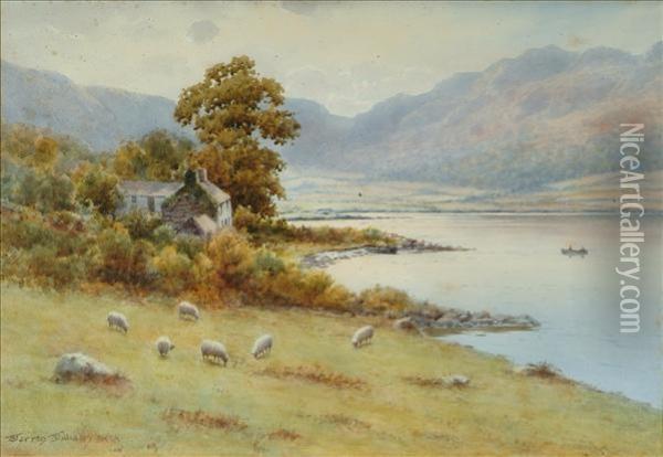 Extensivelandscape With Sheep Before A Loch Oil Painting - Warren Williams