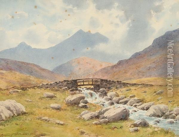 Welsh Moorland Landscape With Stream And Figure Stood On An Arched Bridge Oil Painting - Warren Williams