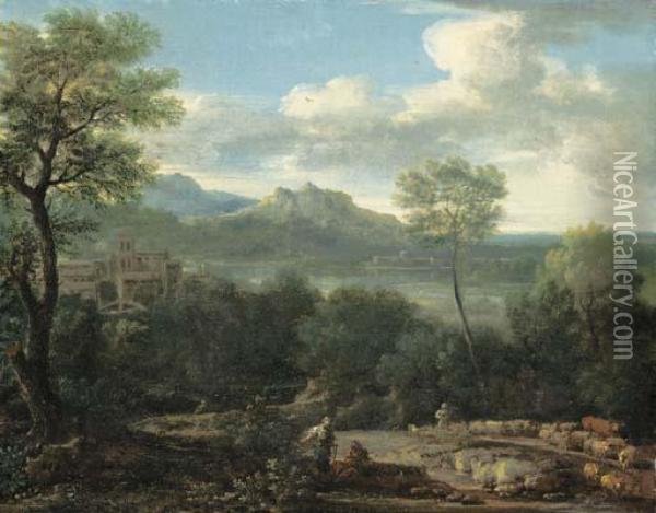 An Italianate Landscape With A 
Shepherd And Shepherdess In The Foreground And A Hilltop Village 
Overlooking A Lake And Mountains Beyond Oil Painting - John Wootton