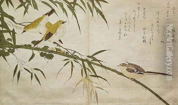 Long-tailed Tit and three White Eyes, from an album Birds compared in Humorous Songs, 1791 Oil Painting - Kitagawa Utamaro