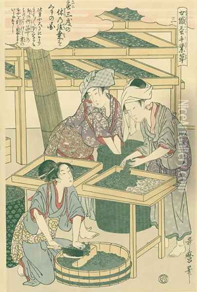 Feeding the silk worms, no.3 from Joshoku kaiko tewaza-gusa, c.1800 Oil Painting - Kitagawa Utamaro