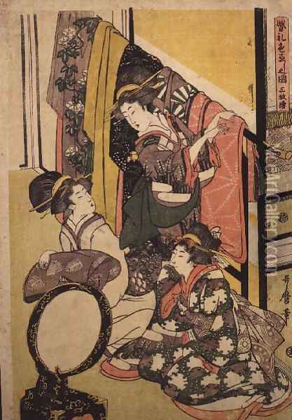 Three girls in a clothes shop Oil Painting - Kitagawa Utamaro