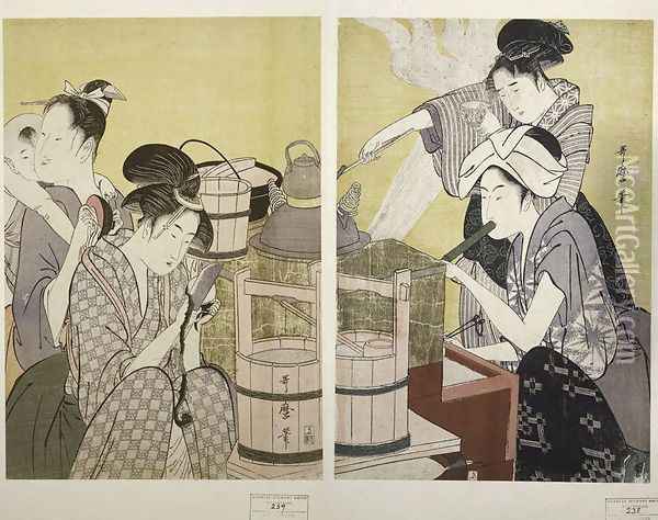 Kitchen Scene Oil Painting - Kitagawa Utamaro