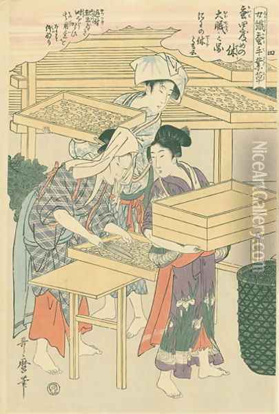 Stirring the silk worms, no.4 from Joshoku kaiko tewaza-gusa, c.1800 Oil Painting - Kitagawa Utamaro