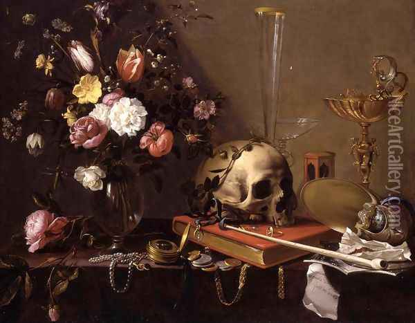 Vanitas Still-Life with a Bouquet and a Skull c. 1642 Oil Painting - Adriaen van Utrecht