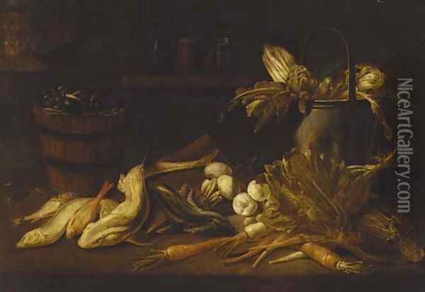 A barrel of mussels, a dogfish and other fish with turnips, carrots, a cabbage and a bucket with artichokes and asparagus on a ledge Oil Painting - Adriaen van Utrecht