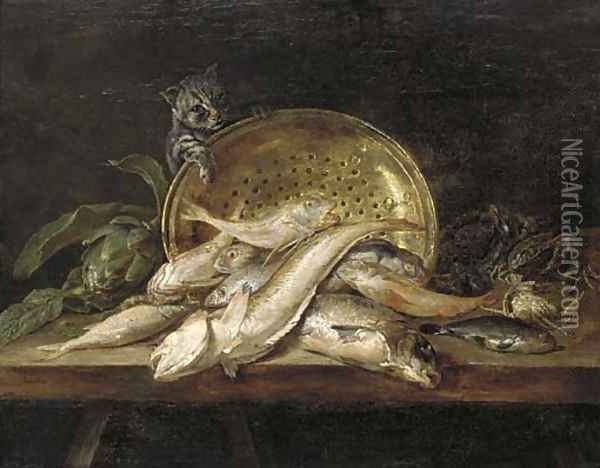 Fish, crabs, mussels, an artichoke, a copper pot and a cat on a table Oil Painting - Adriaen van Utrecht