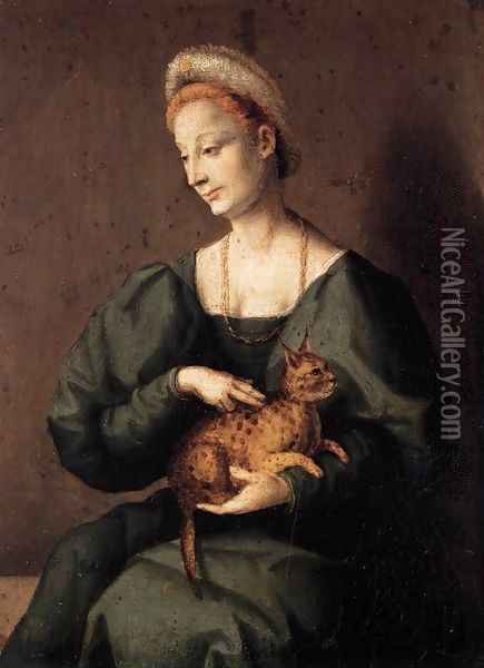 Woman with a Cat Oil Painting - Francesco Ubertini Bacchiacca II