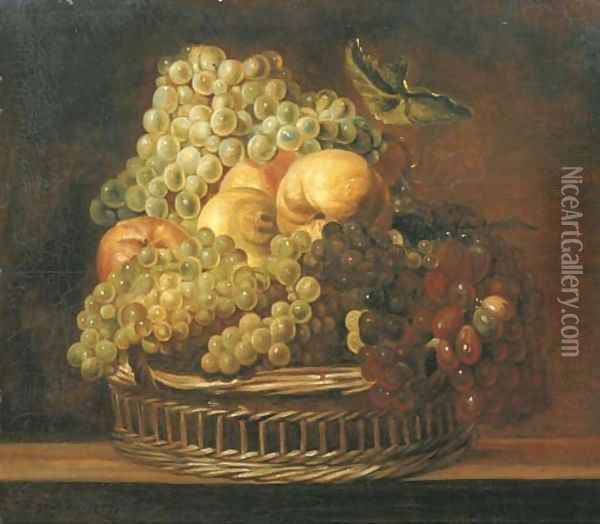 Grapes, apples, a peach and a lemon in a wicker basket on a wooden ledge Oil Painting - Adriaen van Utrecht