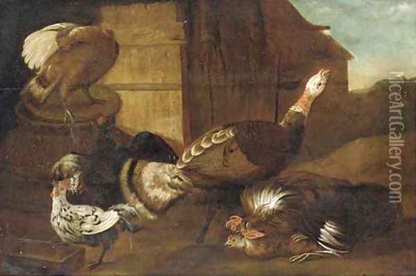 A turkey, cocks and chickens in a farmyard Oil Painting - Adriaen van Utrecht