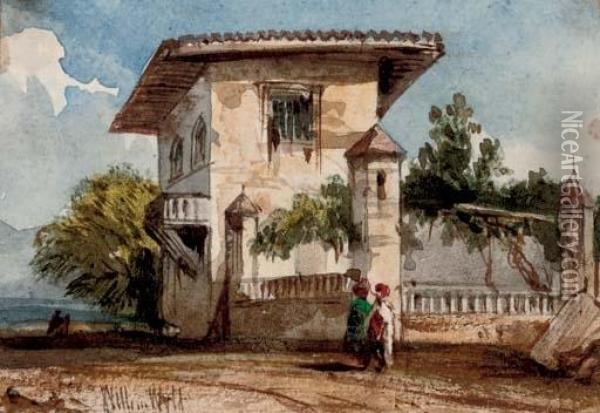 Figures Before An Italianate Villa Oil Painting - William Wyld