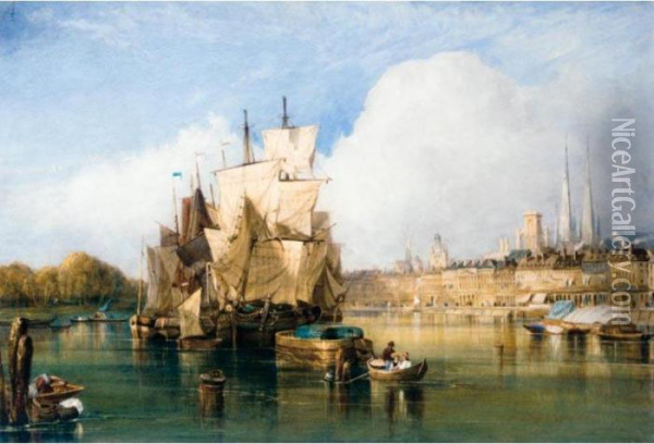 Shipping On A River, A City Beyond Oil Painting - William Wyld