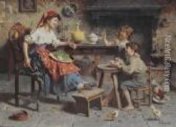 Keukentafereel Met Jonge Moeder 
Aan Het Werk Haar Twee Bellenblazende Kinderen Toelachend Oil Painting - Eugenio Zampighi