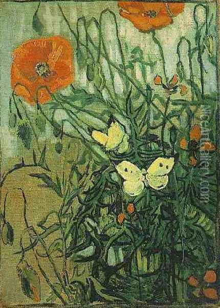 Coquelicots et papillons 1890 Oil Painting - Vincent Van Gogh