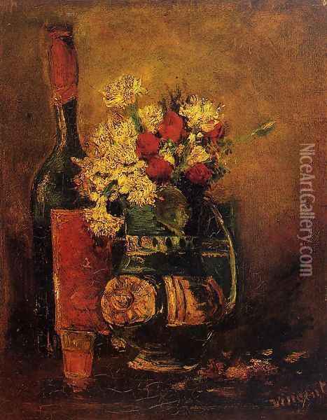 Vase With Carnations And Roses And A Bottle Oil Painting - Vincent Van Gogh