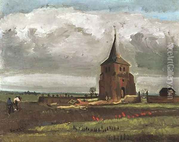 The Old Tower At Nuenen With A Ploughman Oil Painting - Vincent Van Gogh