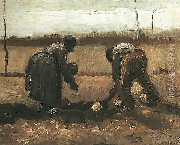 Peasant And Peasant Woman Planting Potatoes Oil Painting - Vincent Van Gogh