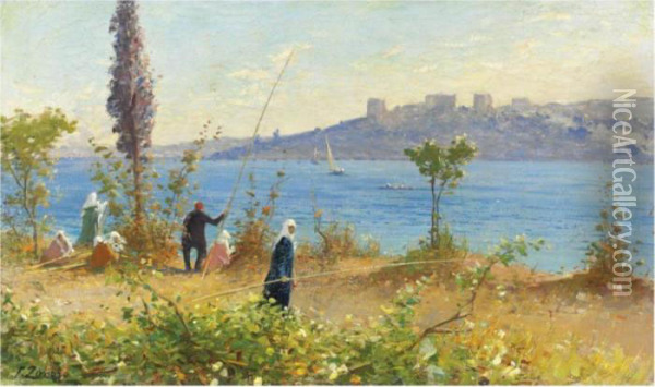 Harem Alla Pesca Sul Bosforo (harem Girls Fishing By The Bosphorus) Oil Painting - Fausto Zonaro