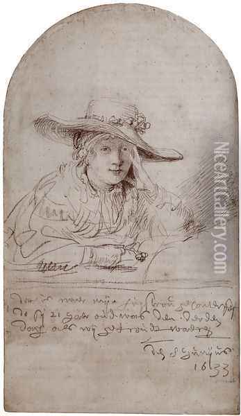 Saskia In A Straw Hat Oil Painting - Rembrandt Van Rijn