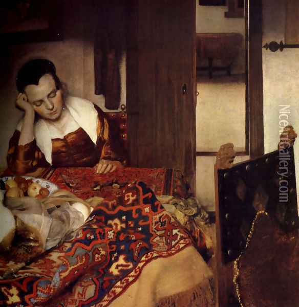 A Woman Asleep at Table c. 1657 Oil Painting - Jan Vermeer Van Delft