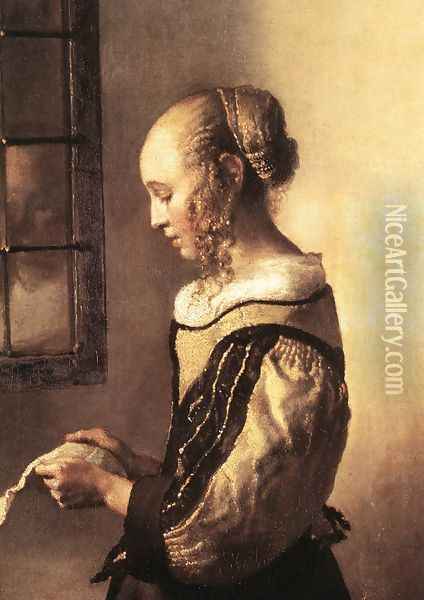 Girl Reading a Letter at an Open Window (detail-1) 1657 Oil Painting - Jan Vermeer Van Delft