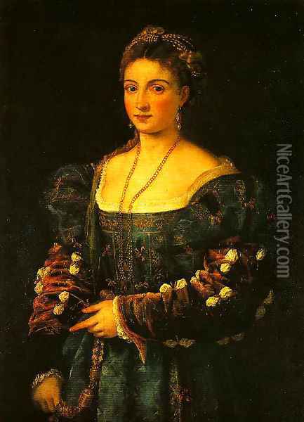 Portrait of a Woman (La Bella) Oil Painting - Tiziano Vecellio (Titian)