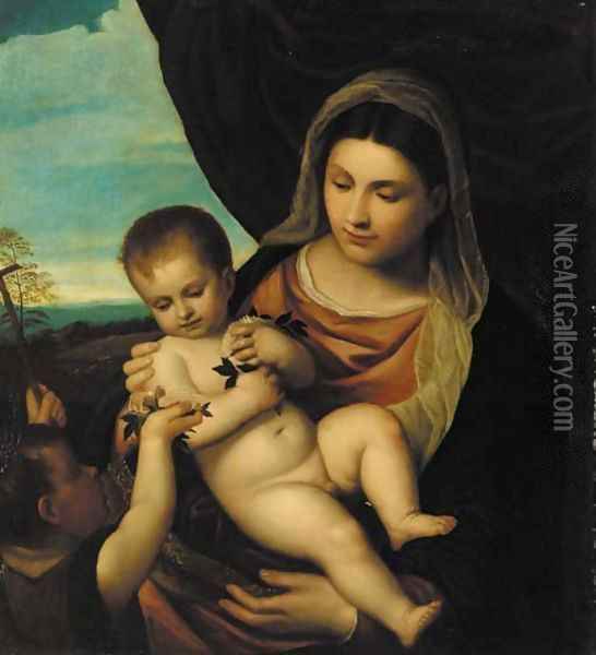The Madonna and Child with the infant St. John the Baptist Oil Painting - Tiziano Vecellio (Titian)