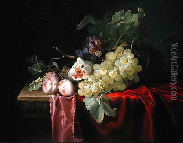 A still life with grapes, plums, figs and a melon on a partly draped stone ledge 1653 Oil Painting - Willem Van Aelst