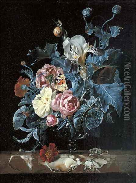 Roses, irises, poppies and other flowers in a glass vase Oil Painting - Willem Van Aelst