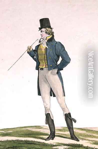 A Dandy in a Robinson hat, with childlike curls, knitted trousers, and riding boots, plate 5 in the Incroyable et merveilleuse series of fashion plates, engraved by Georges Jacques Gatine 1773-1831 published 1797 in Paris Oil Painting - Carle Vernet