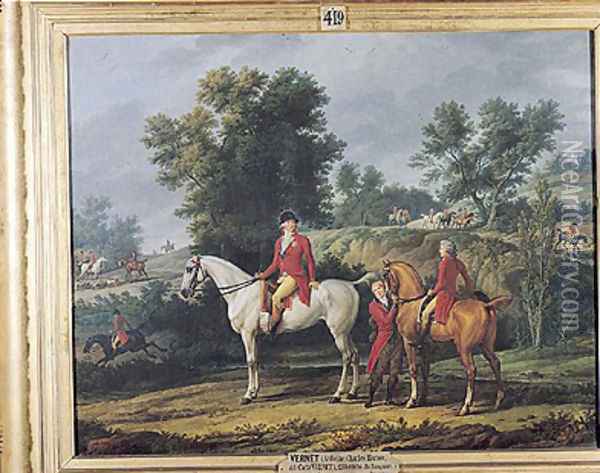 Philippe Egalite 1747-93 Duke of Orleans and his son Louis-Philippe 1773-1850 Duke of Chartres leaving for the Hunt, 1788 Oil Painting - Carle Vernet