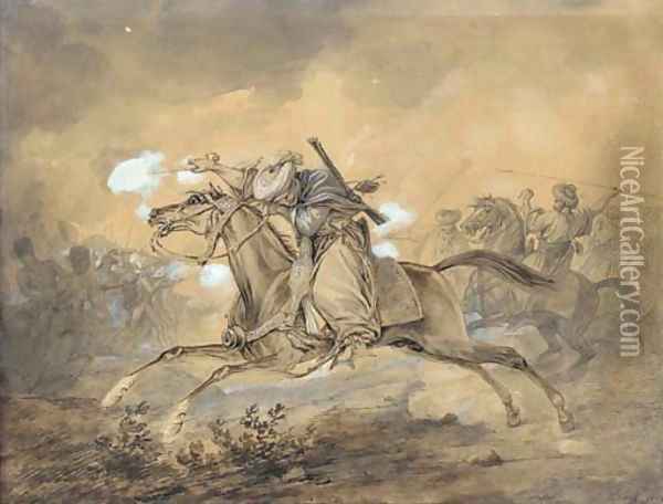 An Egyptian horseman blowing up a gun, the French infantry fighting the Egyptians in the background Oil Painting - Carle Vernet